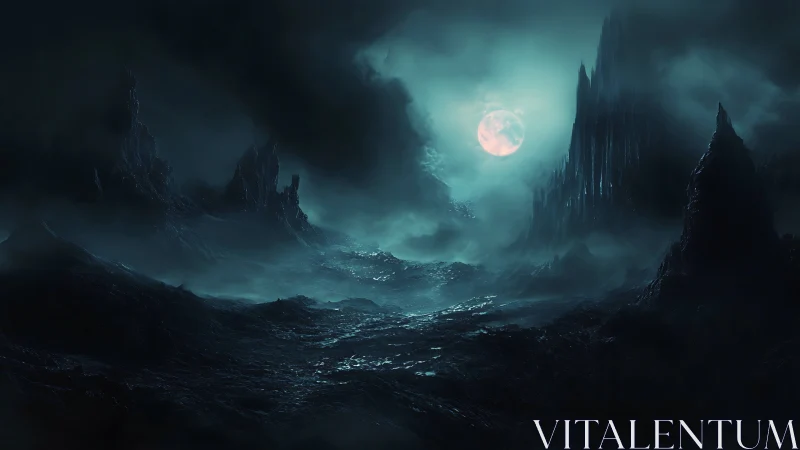 Moonlit mist over a hauntingly beautiful dark landscape.