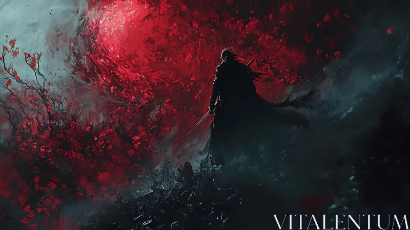 Lone swordsman before swirling red void stormscape.
