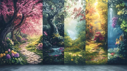 Whispering Forest Seasons Unfold Across Painted Portals.