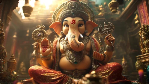 Detailed digital artwork of Ganesha in ornate temple hall.