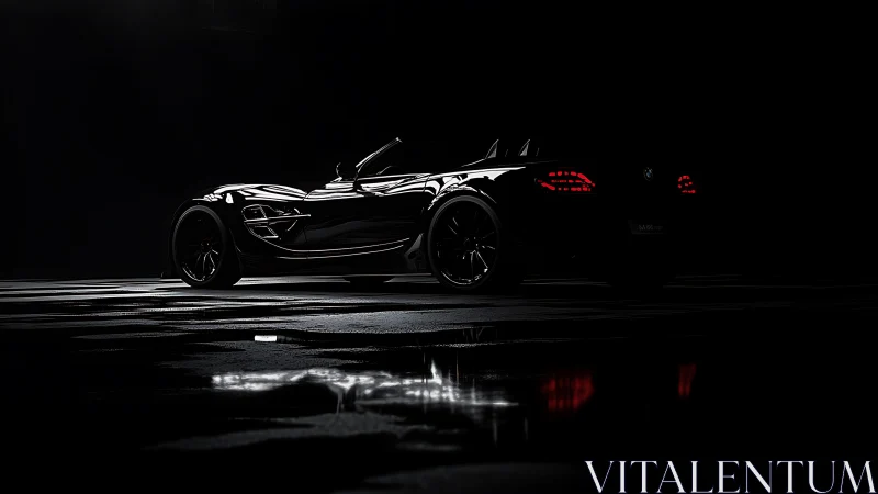 Black sports convertible in dramatic low key studio light.
