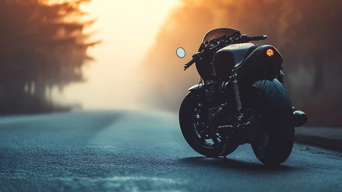Custom cafe racer motorcycle on misty forest road at sunrise
