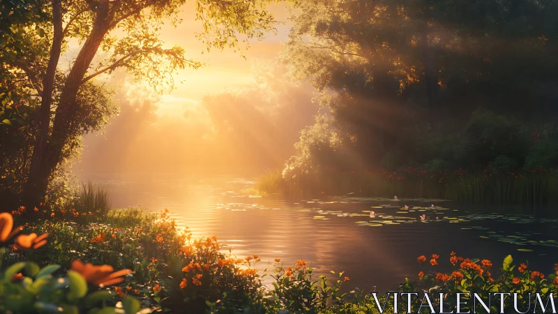 Golden sunrise light bathes tranquil forest pond surface