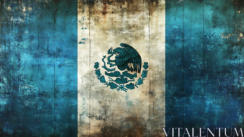 Weathered Mexican flag emblem on textured grunge backdrop.