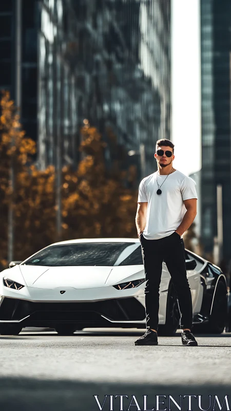 Urban portrait with white supercar and compressed telephoto perspective.