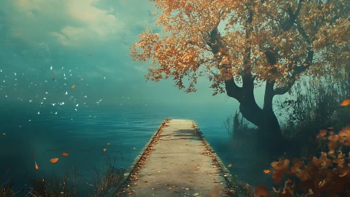 Gentle autumn path drifts toward a quiet teal blue lake