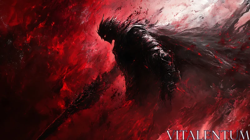 Dark armored figure stands in abstract red and black field