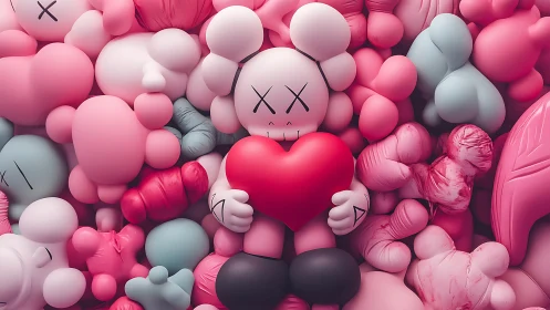 Pink vinyl figure clutches heart amid inflated shapes.