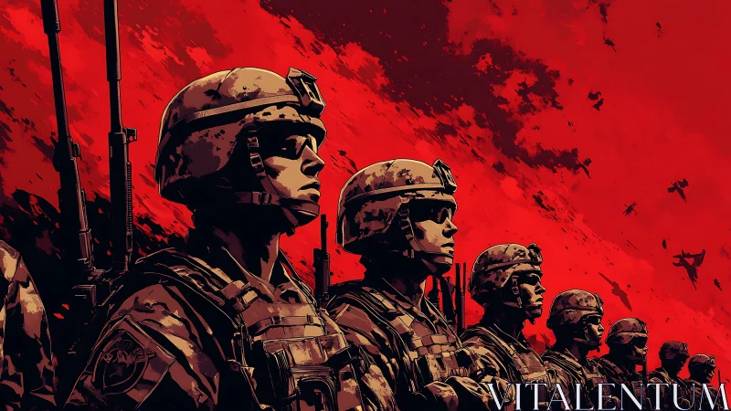 Soldiers stand in formation under red war-torn sky.