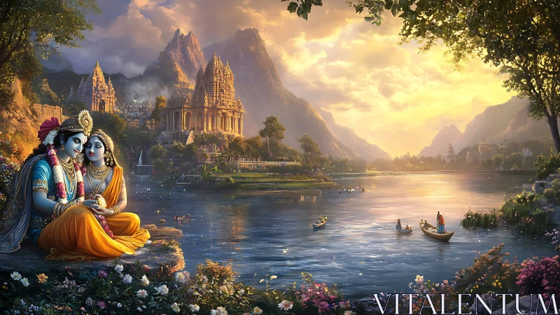 Divine riverside lovers before golden temple mountainscape.