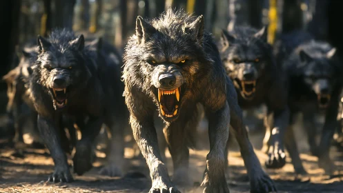 Fierce forest wolf pack surging forward in wild unity.
