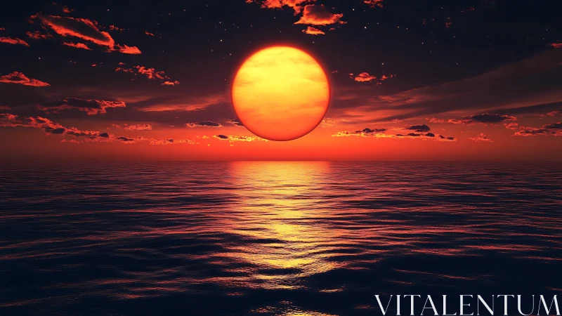 Fiery digital sunset descends over a tranquil reflective ocean