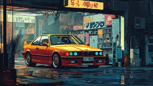 Neon alley pit stop for a retro tuner blazing in amber glow.