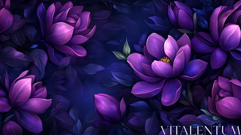 Purple Blossoms Against Deep Navy. Digital Botanical Study.