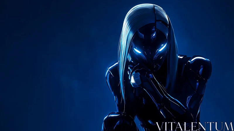 Dark cybernetic humanoid with glowing blue eyes.