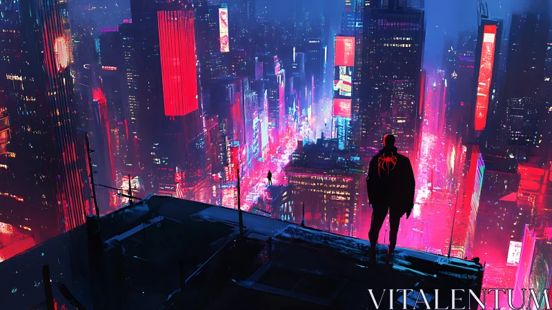 Neon vigilante overlooking electric cyberpunk skyline at night.