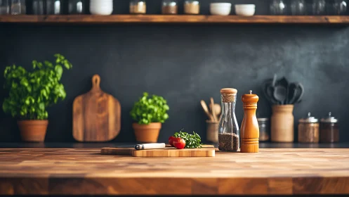Wooden kitchen workstation shows herbs, spices and prep layout