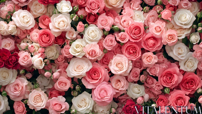 Dense floral arrangement displays pink, white, and red roses in full bloom.
