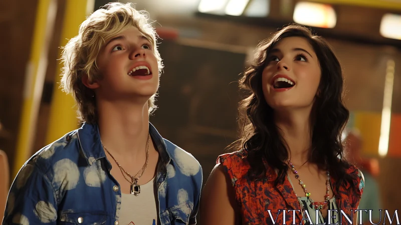 Two teenagers look upward indoors with bright expressions