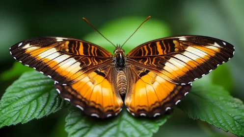 Tiger-striped jungle butterfly resting on emerald leaves.