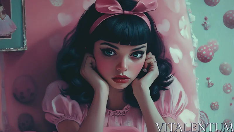 Girl in pink bedroom lies on pillow and stares forward