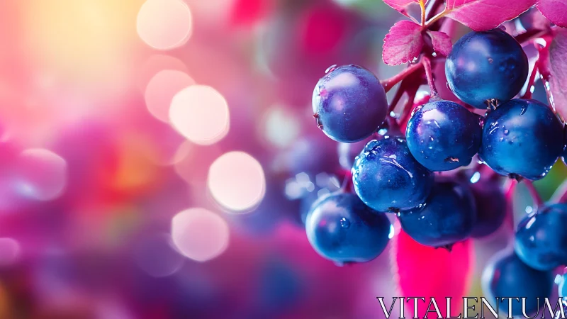 Blue berries with water droplets against abstract bokeh field.