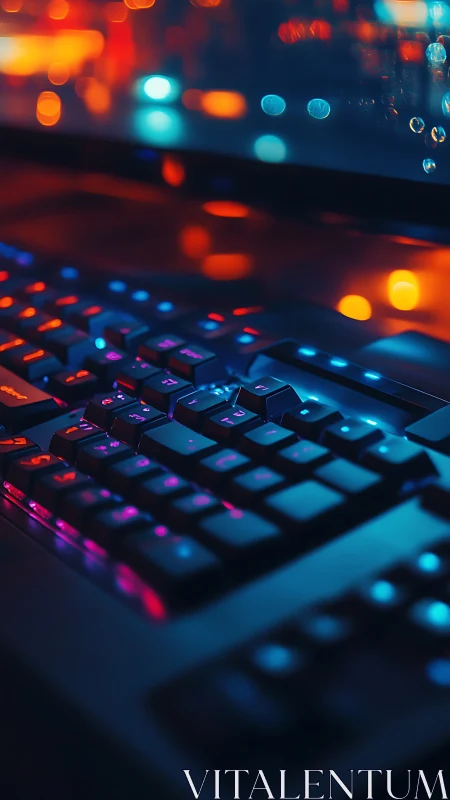 RGB backlit mechanical keyboard with neon bokeh reflections