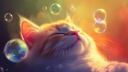 Glowing Cat with Floating Bubbles in Radiant Light.