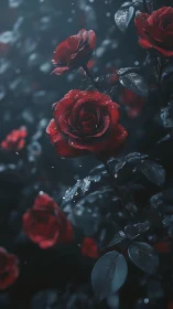 Frost-covered red roses with moisture droplets on dark foliage