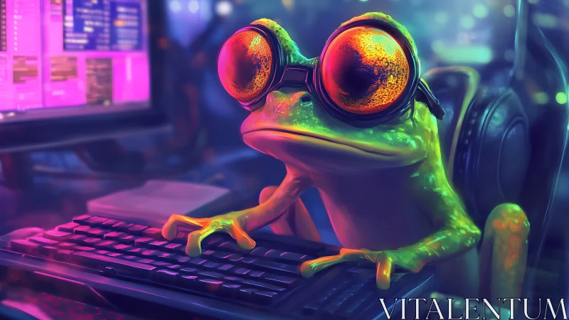 Digitally rendered frog at keyboard in neon workspace.