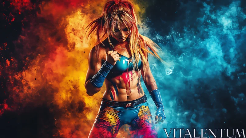 Digital painting of fierce female fighter in dual-color energy field.