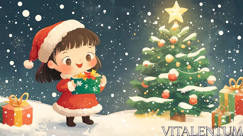 Little Santa’s joyful gift moment beside a glowing tree.