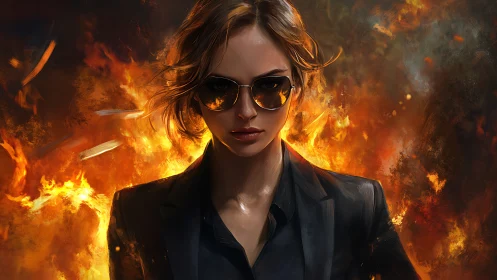 Confident woman in sunglasses with fiery background, digital art style.
