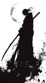 Solitary samurai silhouette stands beneath textured full moon