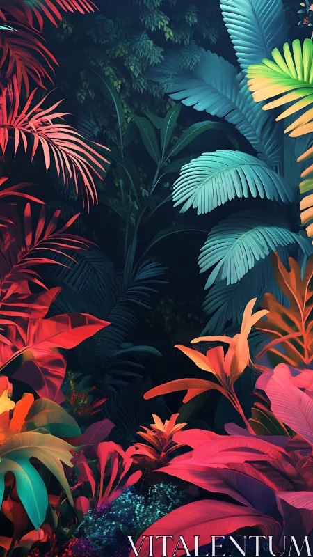Luminous jungle leaves glowing in a dreamy twilight garden.