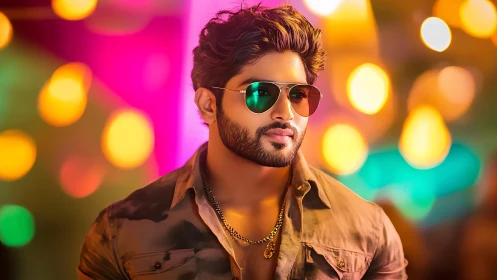 Man wearing sunglasses stands before defocused colored lights