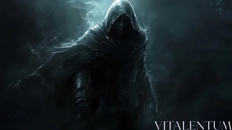 Hooded wraith emerging from shadow with spectral menace.