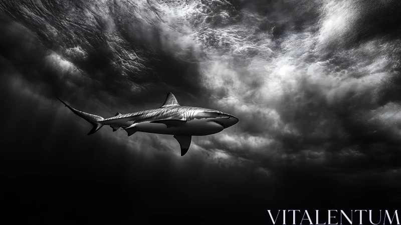 Lone shark glides under stormy waves in dramatic contrast
