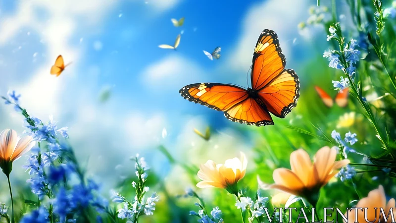 Monarch wings carve bright pathways through a dreaming meadow