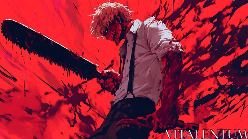 Anime action portrait with dynamic blood-splash composition.