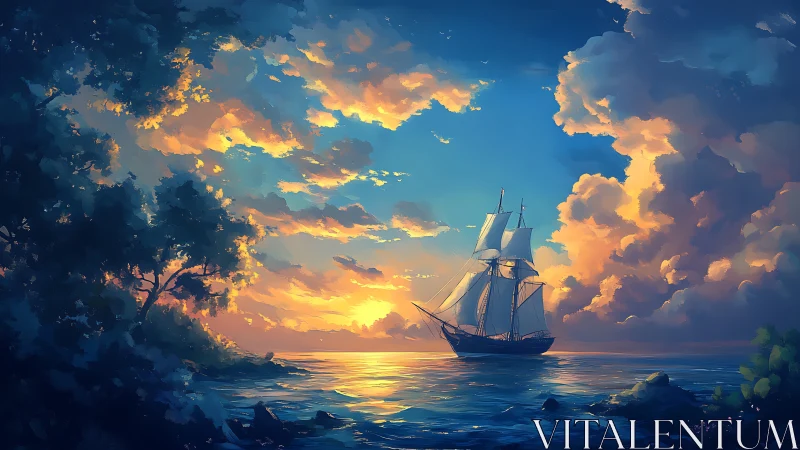 Tall ship sails toward glowing sunset between coasts.