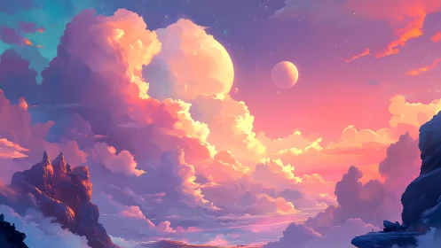 Twin moons illuminate stratified nebula clouds at sunset