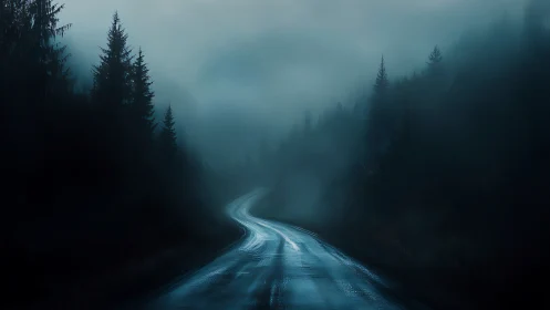Nocturnal mist road through conifer forest, cinematic digital painting.