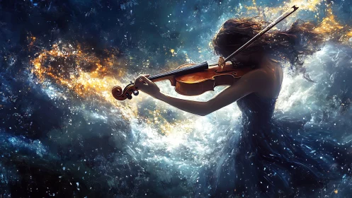 Violinist in swirling cosmic light and dark blue storm.