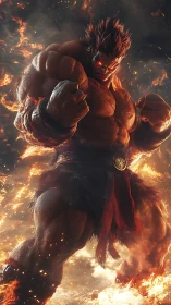 Fierce flaming warrior standing strong in a storm of fire.