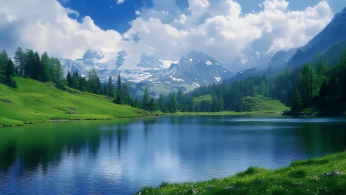 Snow-capped mountains reflect over tranquil alpine lake scene.