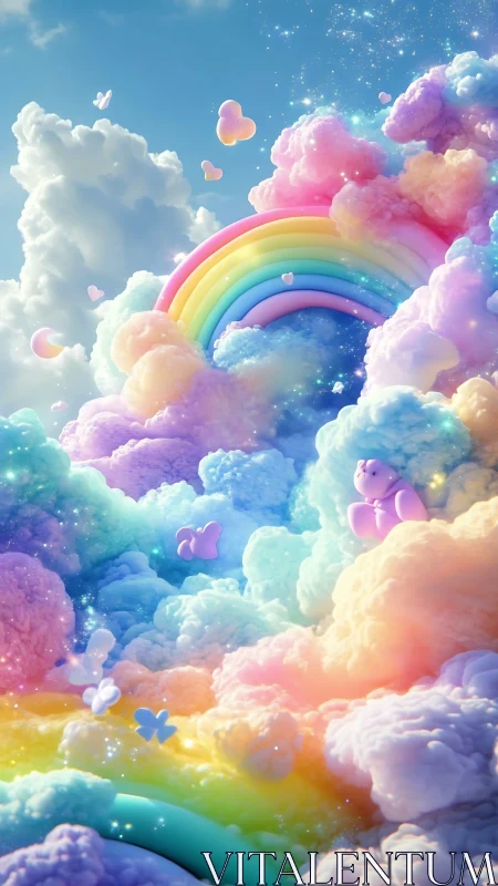Layered rainbow and pastel cloudscape forms structured scene