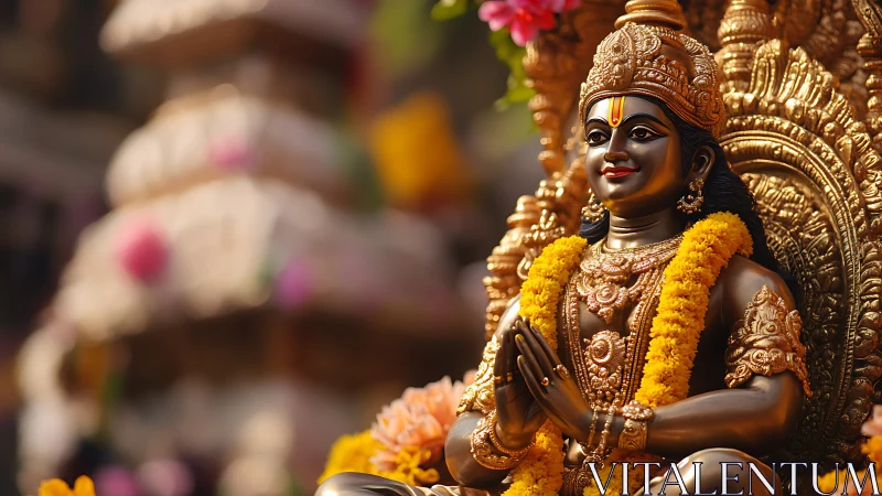 Golden Hindu deity statue with garland in temple setting.