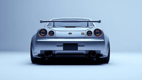 Sleek rear view of silver sports coupe under cool studio light.