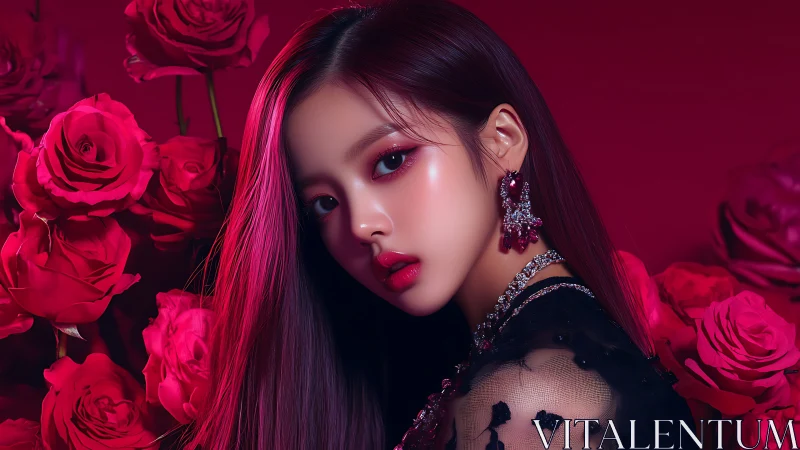 Glamorous woman in red floral studio portrait setting.